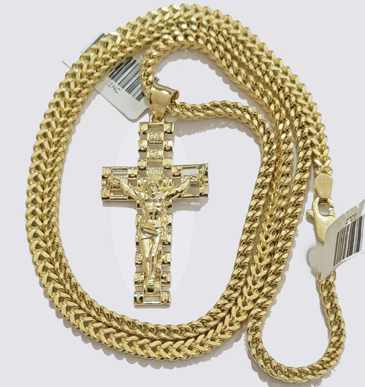 Real 10k Gold Cross pendant Franco chain SET 3mm Necklace & Jesus Charm Men's