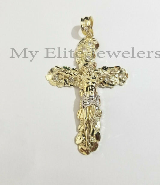 REAL 10K Yellow Gold Cross Pendant Charm Men's Jesus Crucifix 3.5" Free Shape Big