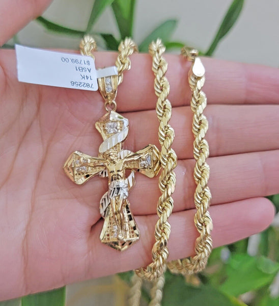 14k Gold Rope Chain Necklace Jesus Cross Charm Pendant Set 18-28