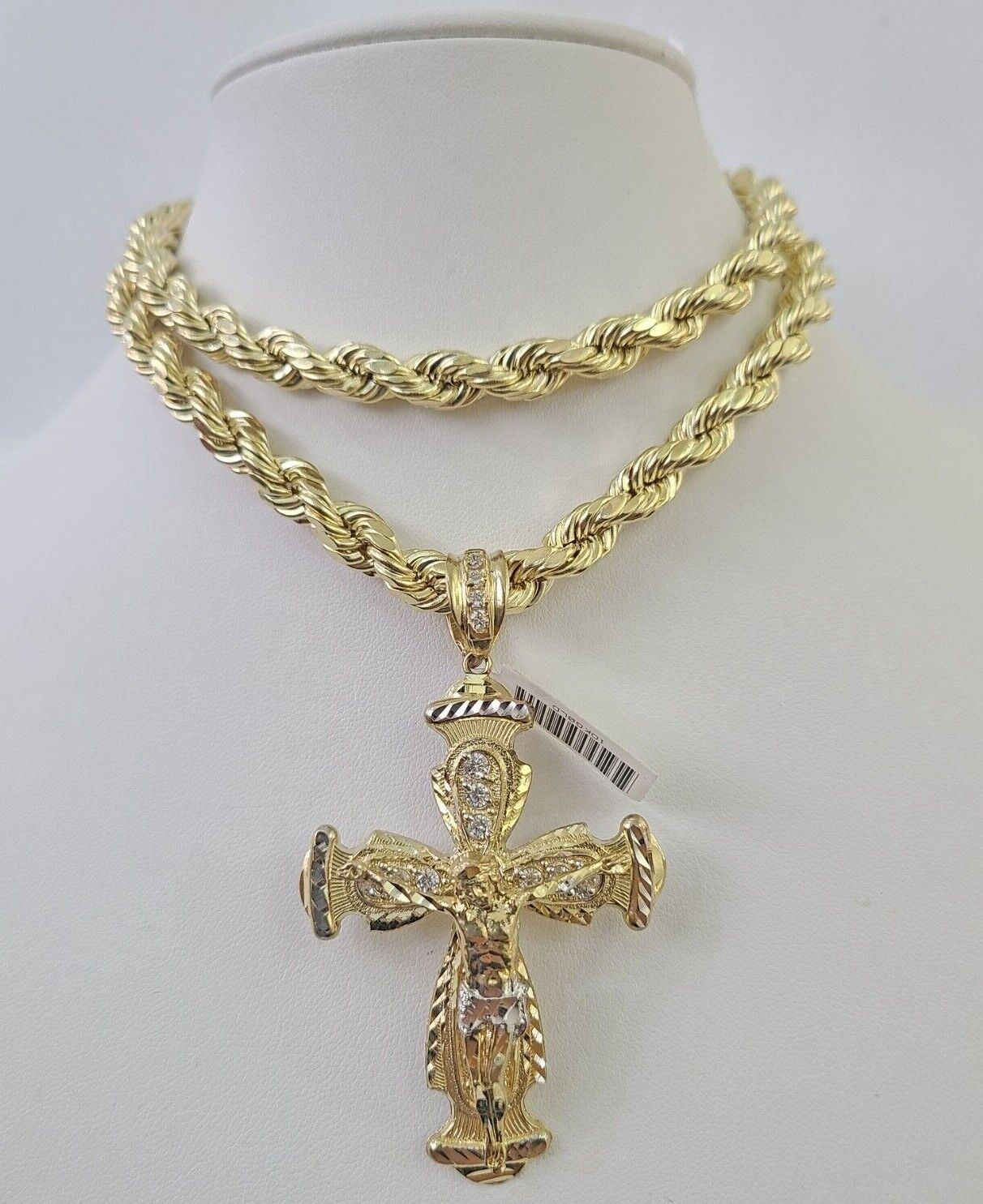 10k Gold Rope Chain & Cross Charm Pendant Mens 10kt Yellow Gold 8mm 26" Necklace