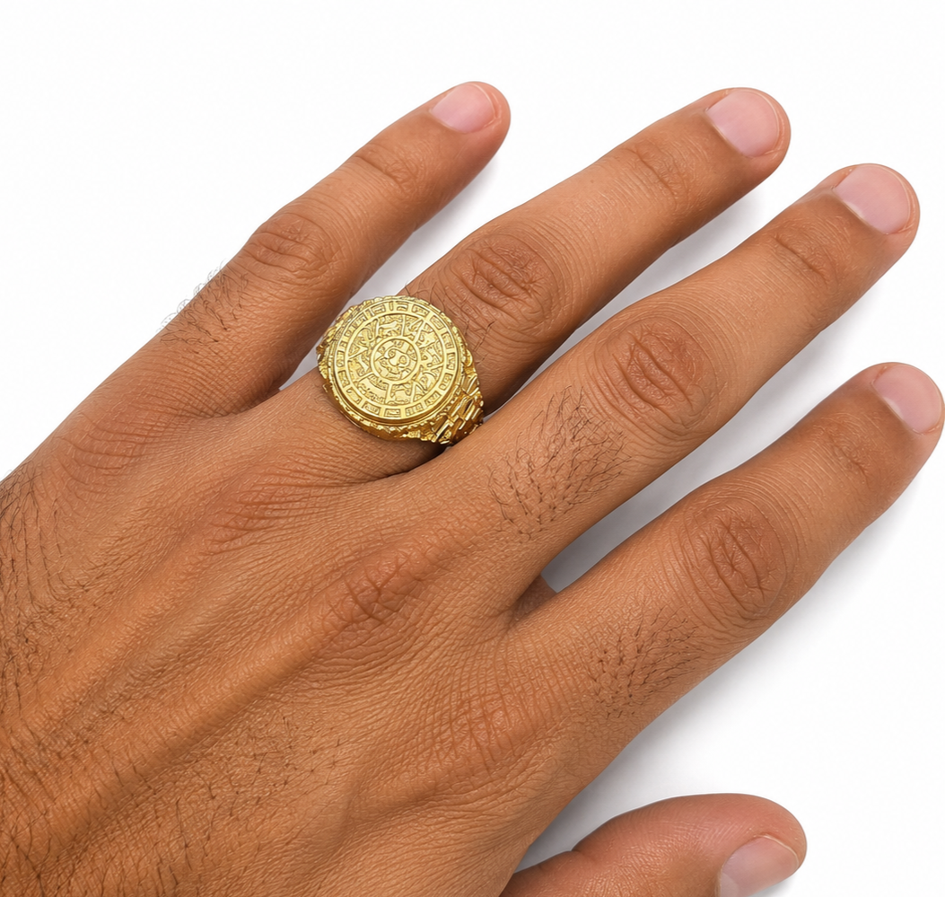 Real 10K Gold Aztec Calendar Signet Ring Hand Men's Jewelry – MEJ