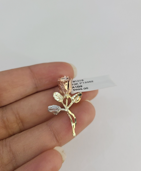 10k Rose Flower Charm Trio Pendant Charm Yellow White Gold Women REAL