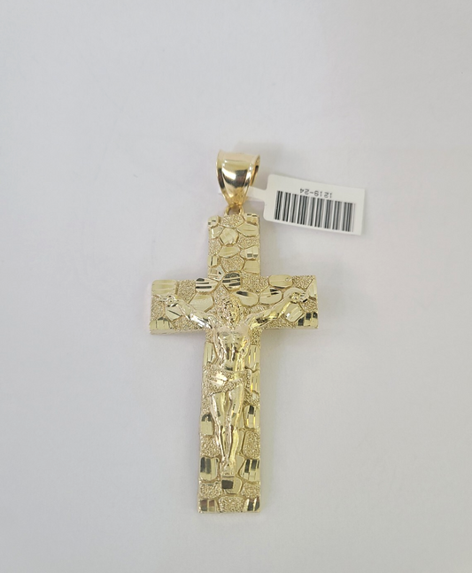 10k Nugget Jesus Cross Charm Pendant REAL 10Kt Yellow Gold Genuine Religious