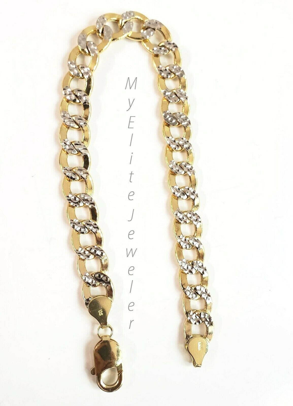 10k Yellow Gold Bracelet Cuban Curb link 8 Inch 10mm Two-tone For Mens Real 10k