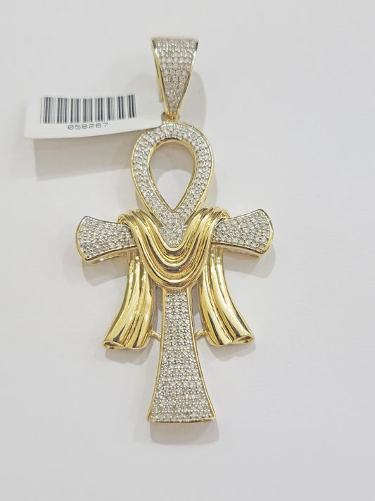 Real 10k Yellow Gold Diamond Ankh Cross Charm Pendant 0.80 CT Men's 2.5Inch