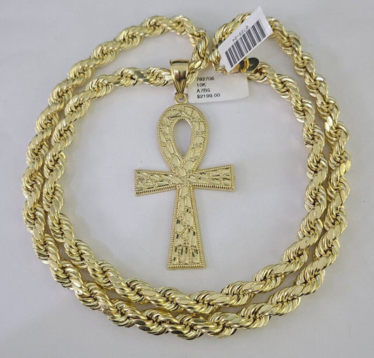 REAL 10k Yellow Gold Cross Pendant Rope Chain SET Necklace 18-30'' 8mm For Mens