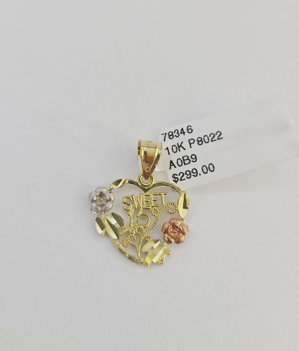 10k Sweet 15 Charm Trio Pendant Rose Yellow White Gold Women REAL