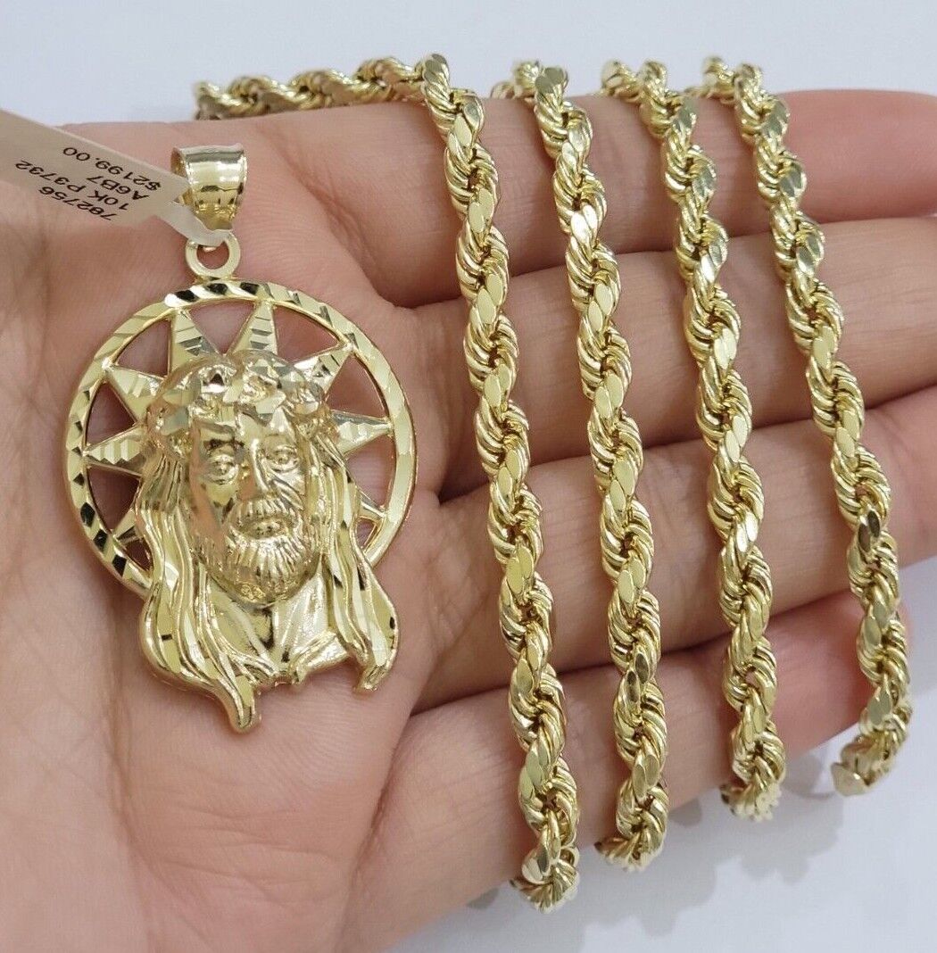 10kt Gold Rope Chain Jesus Head Charm Pendant Set 18-30'' Inch 5mm Necklace SALE