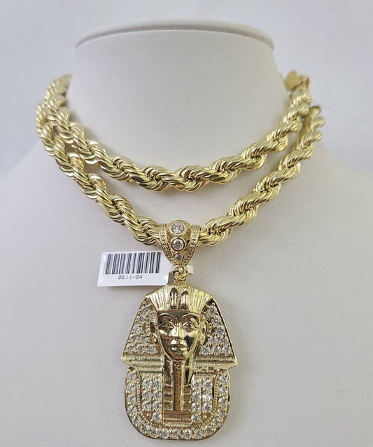 Real 10k Gold Rope Chain & Pharaoh Charm Pendant SET 18-30'' 8mm Necklace Men's