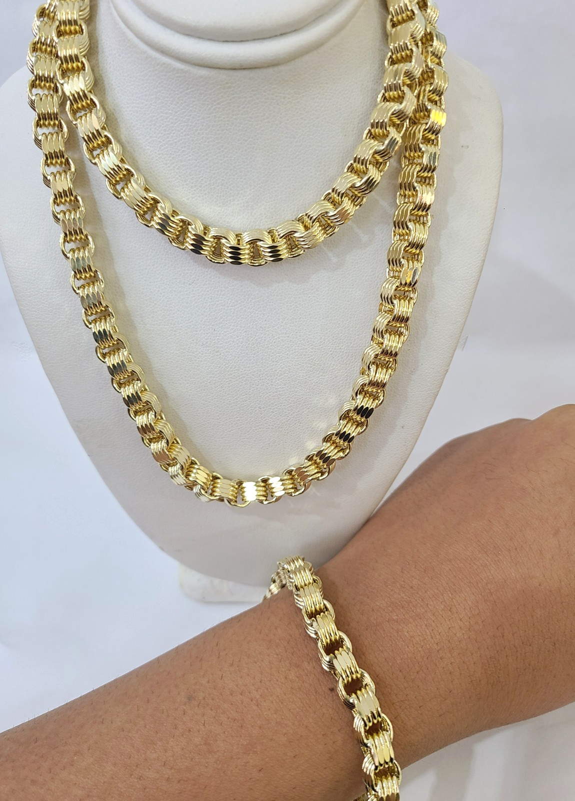 10k Yellow Gold Byzantine Chain 7mm Necklace Bracelet Set Real Men