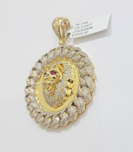 Real Gold Diamond lion head Charm Pendant 10k yellow Gold 2.20 CT Mens 2.3 Inch
