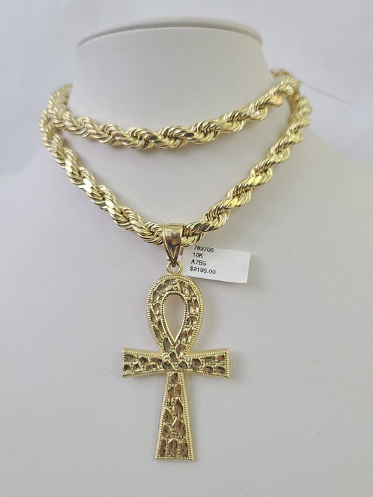 REAL 10k Yellow Gold Cross Pendant Rope Chain SET Necklace 18-30'' 8mm For Mens