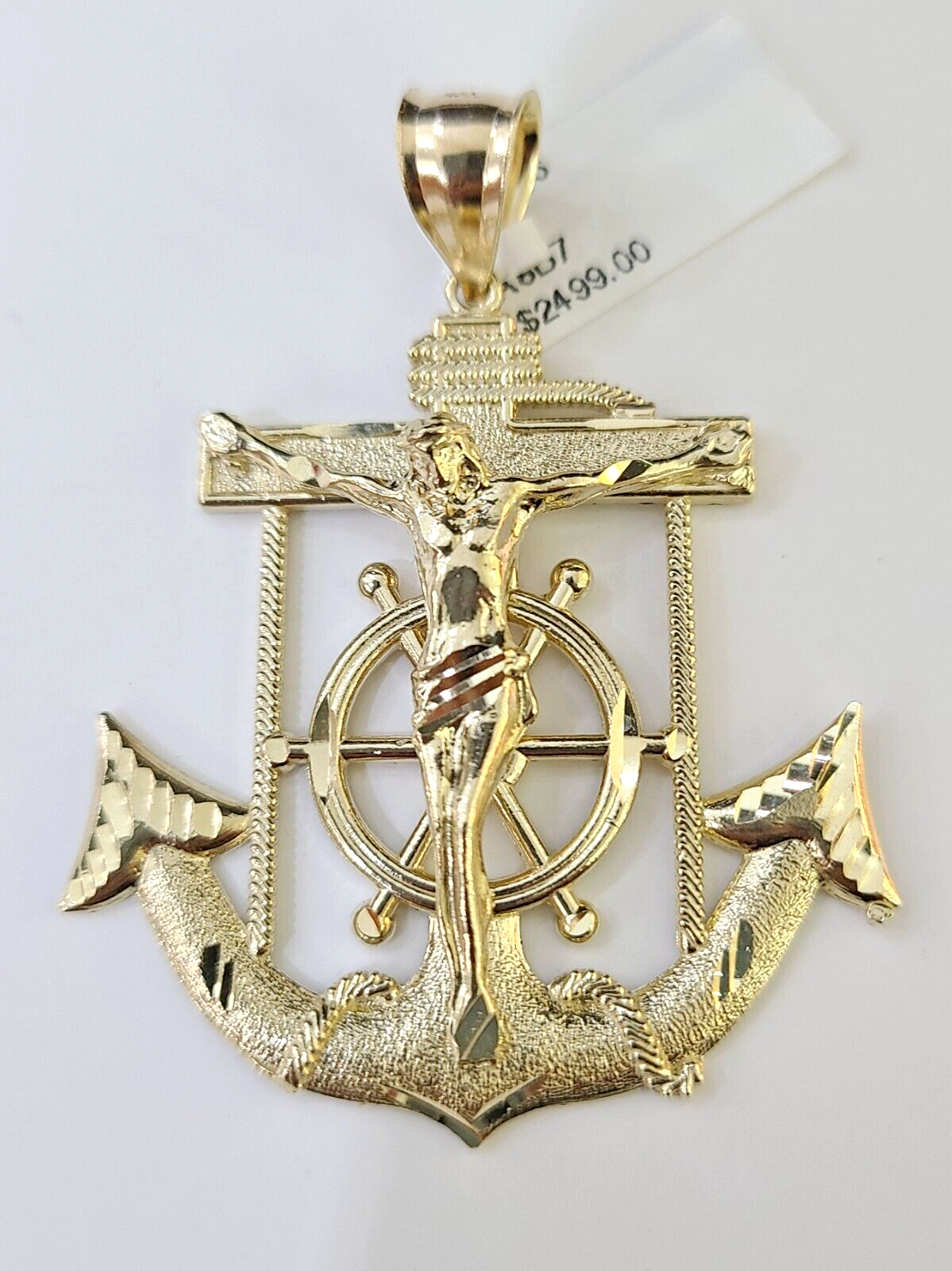 Solid 10k Yellow Gold Charm Anchor Pendant Mens Real 10 KT With Jesus crucifix