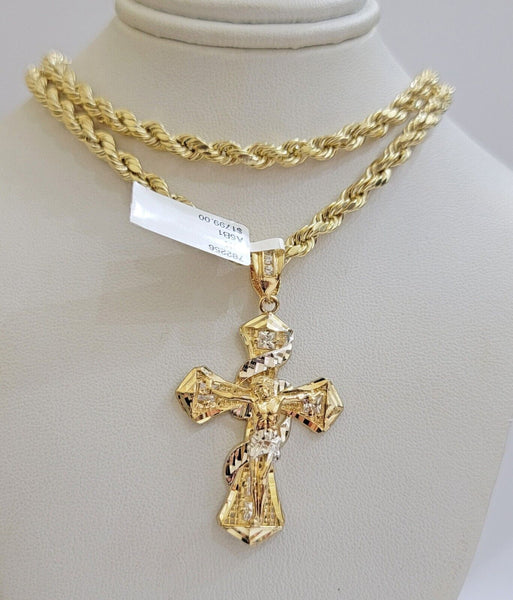 14k Gold Rope Chain Necklace Jesus Cross Charm Pendant Set 18-28