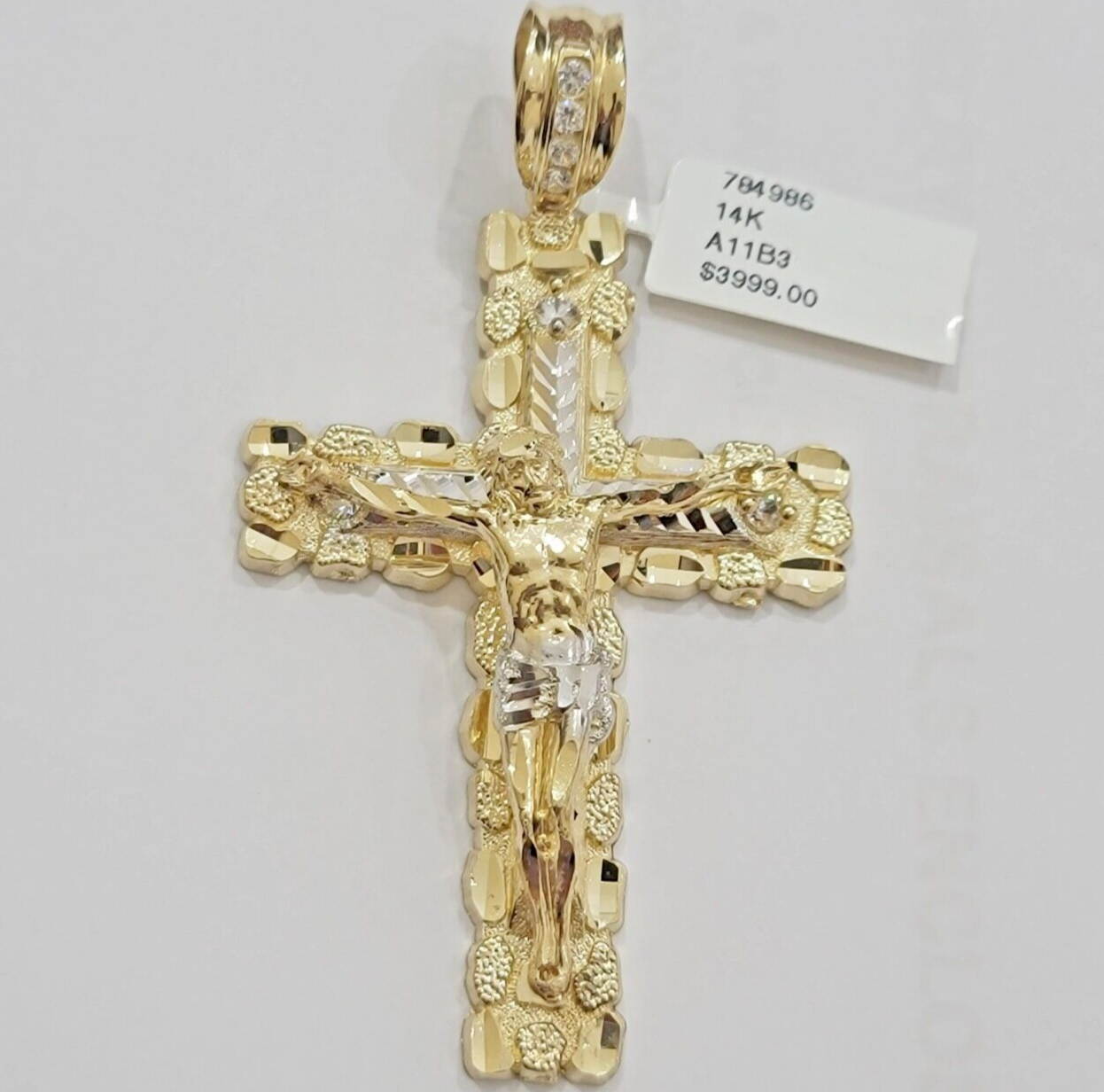 14k Yellow Gold charm Cross Pendant Nugget Jesus Crucifix 3.75" 14kt Men's REAL