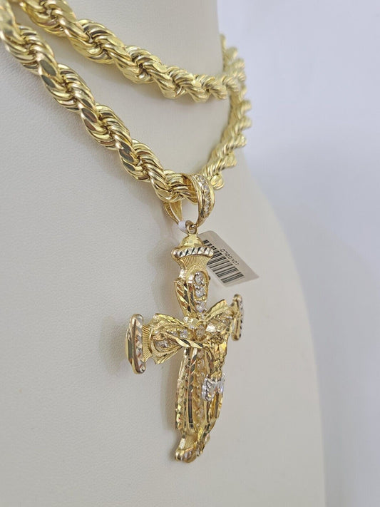10k Gold Rope Chain & Cross Charm Pendant Mens 10kt Yellow Gold 8mm 26" Necklace