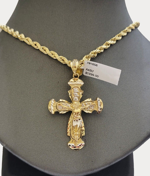 Real 14k Yellow Gold Cross pendant & Rope Chain Necklace 5mm 24