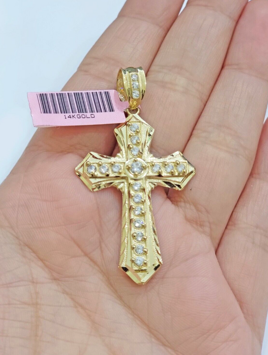 Real 14k Yellow Gold Cross Charm Pendant 2 Inch Diamond Cuts CZ Charm For Chains