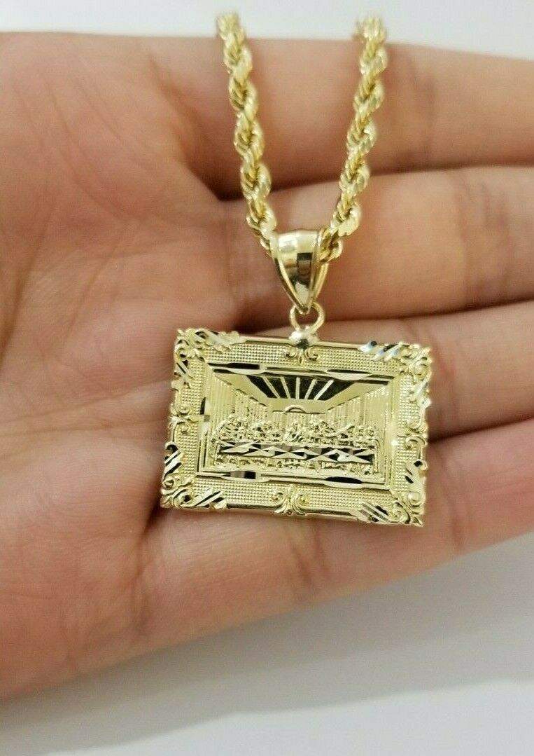 REAL 10k Yellow Gold Rope Chain Last Supper Charm Pendant SET 3mm