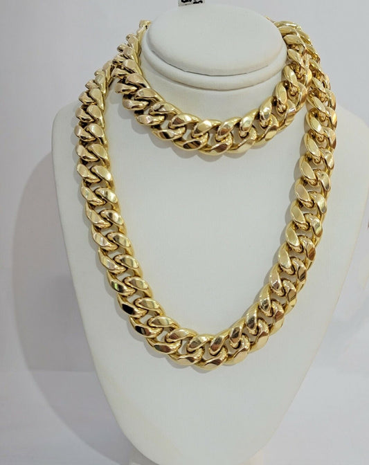 Real 14k Yellow Gold Chain Necklace 24 Inch 15mm Miami Cuban Link Mens 14kt