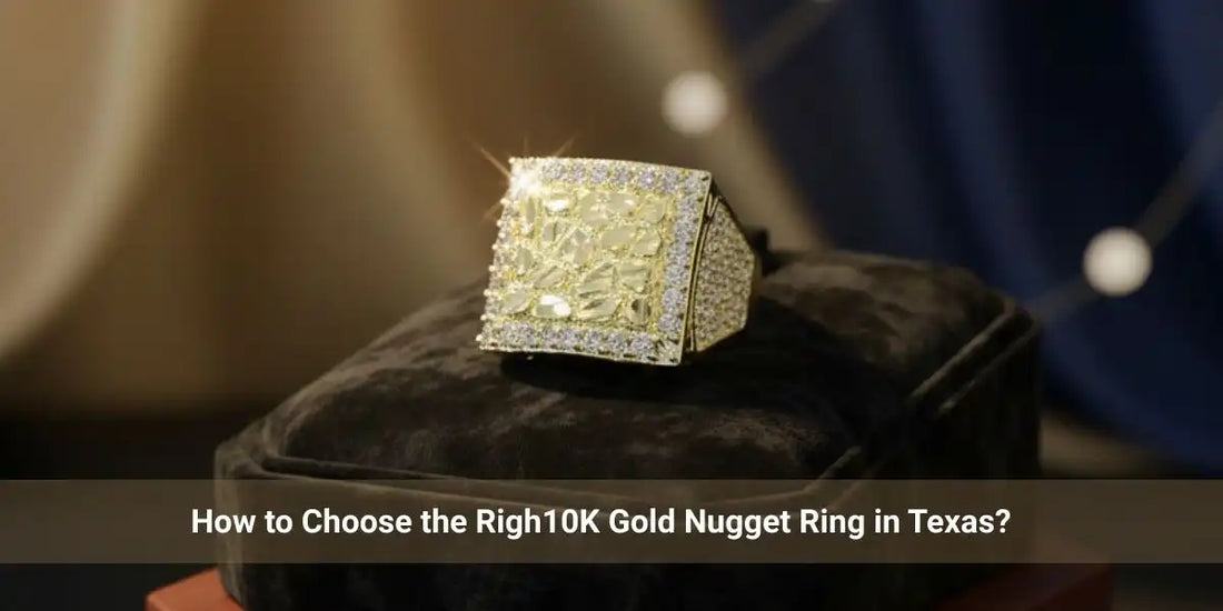 Gemini said An iced-out 10K gold nugget ring with a square face and diamond accents on a black velvet jewelry b