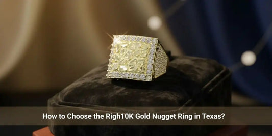 Gemini said An iced-out 10K gold nugget ring with a square face and diamond accents on a black velvet jewelry b