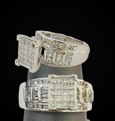 14k White Gold 1CT Diamond Ladies Ring Princess Cut Baguette Round Diamond,Women