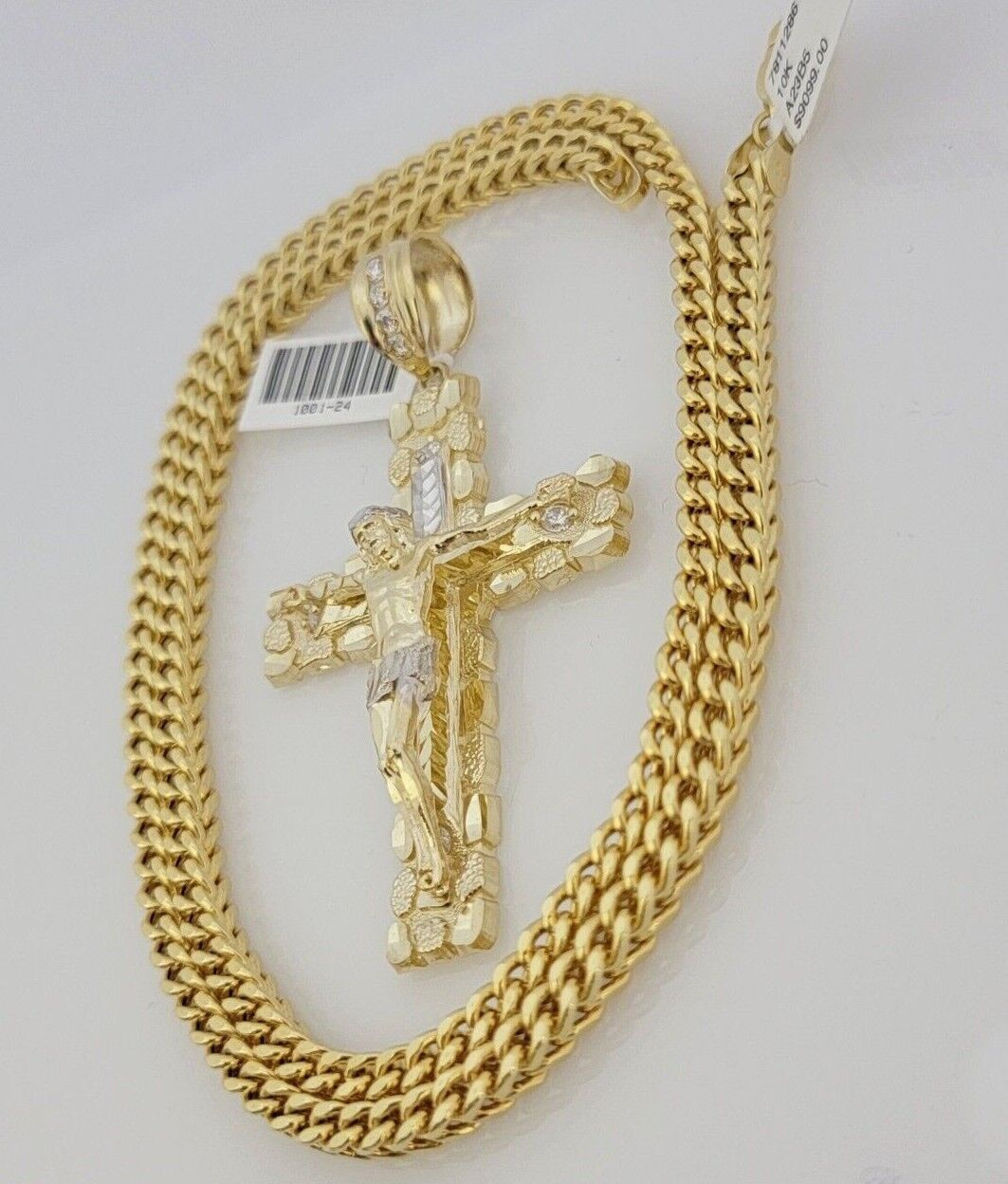 10kt Yellow Gold Franco Chain Necklace Nugget Cross Charm Pendant 5mm 20-26 Inch