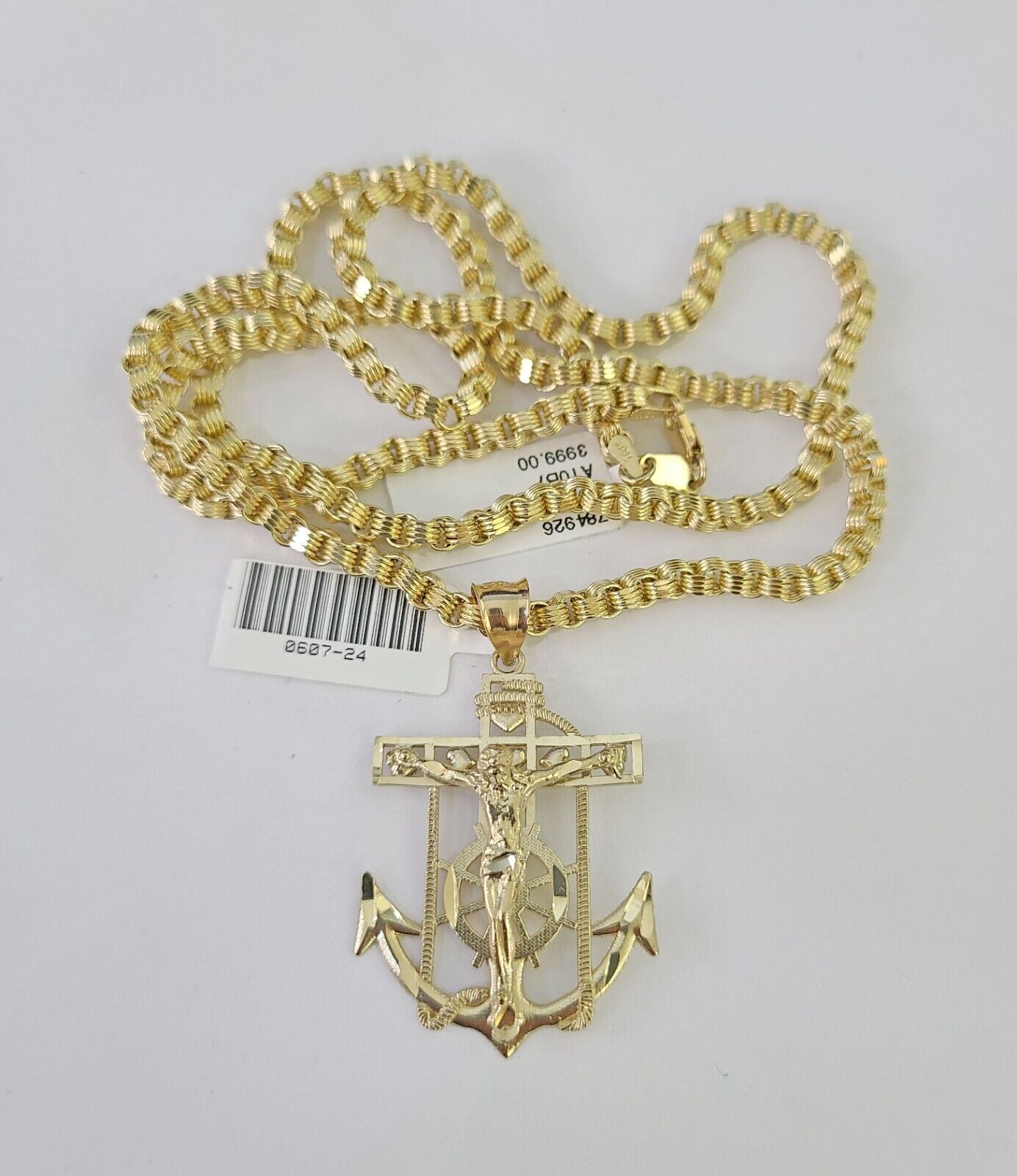 Real 10k Gold Box Byzantine Necklace Jesus Anchor Charm SET Chain 3mm 24" Inches