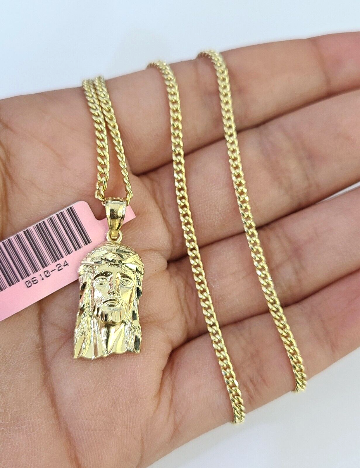 Real 14k Gold Chain Jesus Head Pendant Set 14kt Miami Cuban Link Chain 2mm Charm