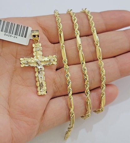 10kt Gold Milano Rope Chain Cross Charm Pendant Set 18-24 Inch 3mm Necklace REAL