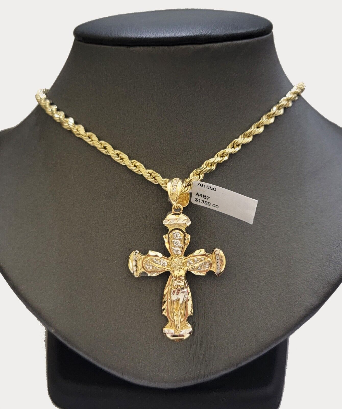 14k Gold Rope Chain Necklace Jesus Cross Charm Pendant CZ Set 18-26inch 5mm  REAL
