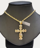 Real 10k Gold Chain Charm Set Jesus Cross Pendant Rope Necklace 5mm 18"-28" Mens