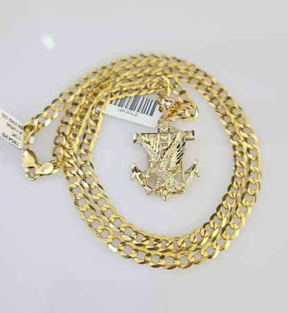 10k Gold Chain Necklace Eagle Anchor Pendant Set Cuban Curb 5mm 20"-28" Charm