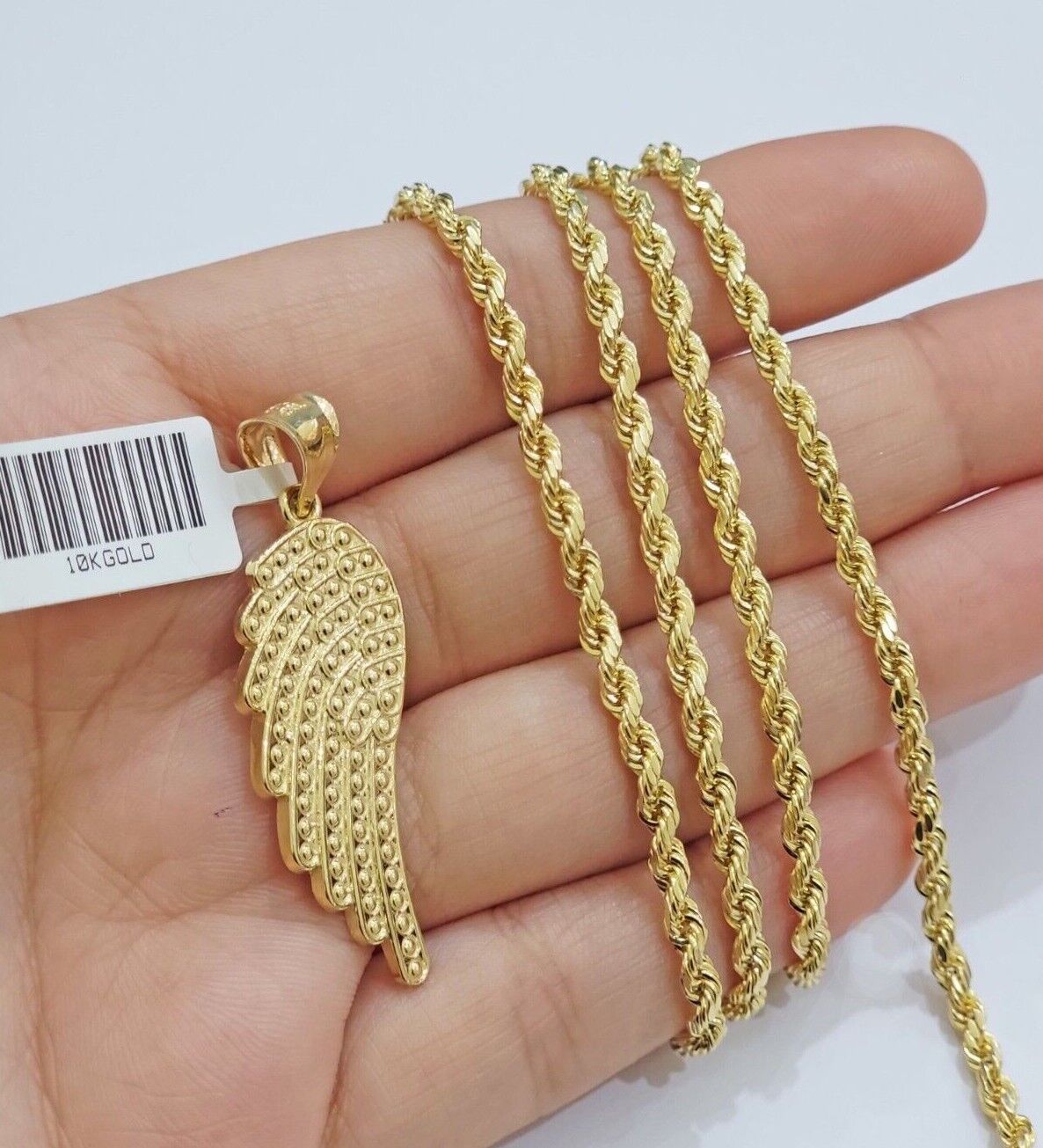 10k Gold Rope Chain Angel Wing Charm Pendant Set 18-28'' Inch 3mm Necklace REAL