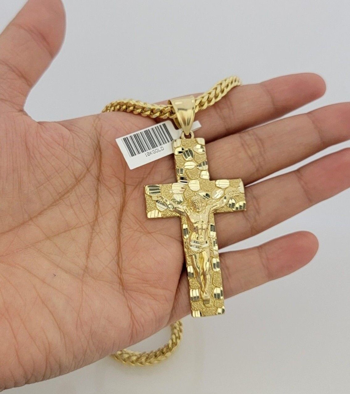 10kt Yellow Gold Franco Chain Necklace Nugget Cross Charm Pendant 5mm 20-26 Inch