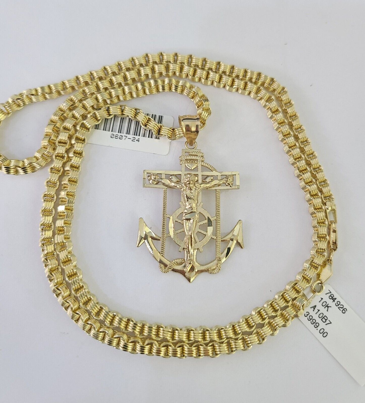 Real 10k Gold Box Byzantine Necklace Jesus Anchor Charm SET 3mm 22" Inches Chain