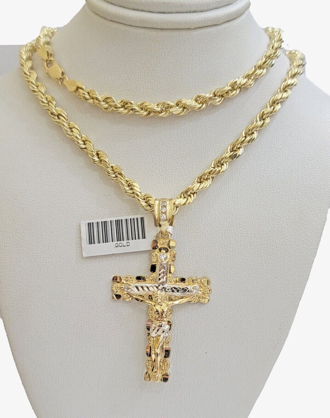 Real 10k Gold Rope Chain Jesus Cross Charm Pendant Set 18-28" inch 4mm Necklace