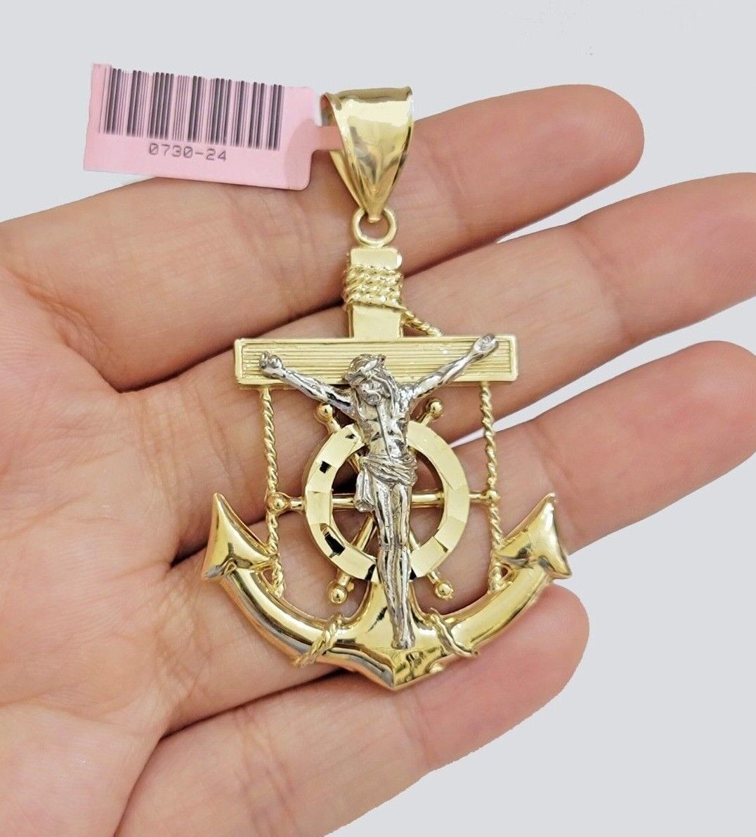 14k Solid Gold Rope Chain Necklace Jesus Anchor Charm Pendant 22'' Inch 4mm 14KT