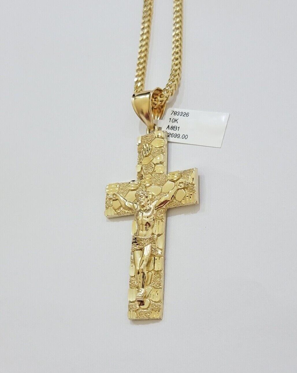 10kt Yellow Gold Franco Chain Necklace Nugget Cross Charm Pendant 3mm 18-26 Inch