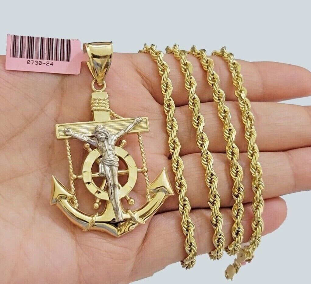 14k Solid Gold Rope Chain Necklace Jesus Anchor Charm Pendant 22'' Inch 4mm 14KT