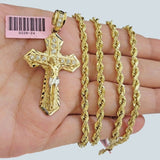 Solid 14kt Gold Rope Chain Necklace Jesus Cross Charm CZ Pendant  20-30 Inch 4mm