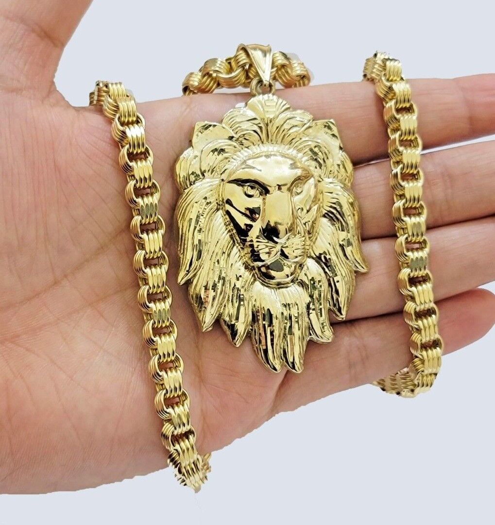 10kt Real Gold Box Byzantine Necklace Lion Charm Pendant SET Chain 6mm 20 Inches