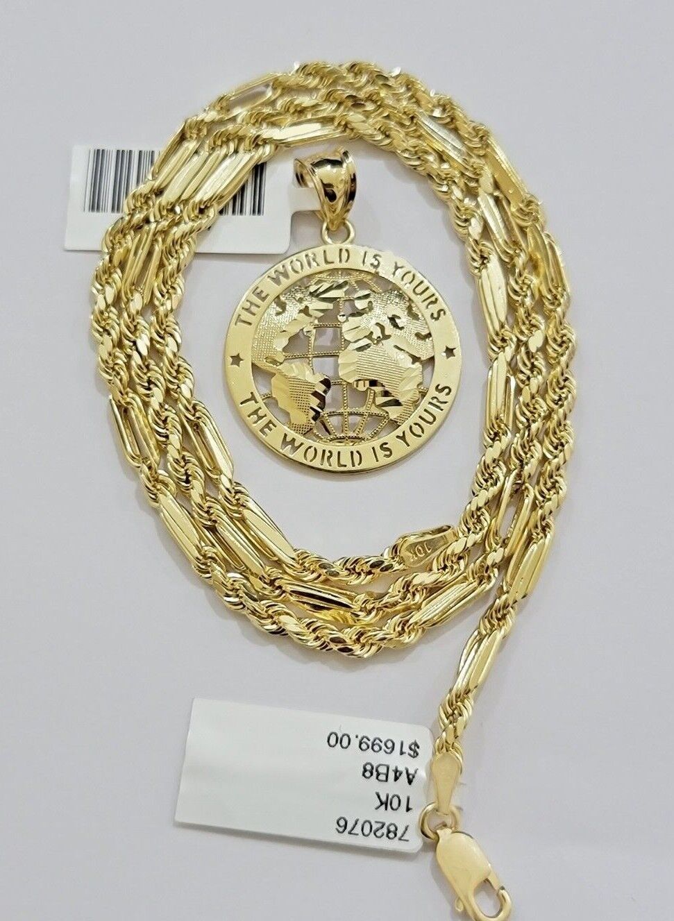 Real 10kt Gold Milano Rope Chain World Map Charm Pendant Set 18-24 Inch Necklace