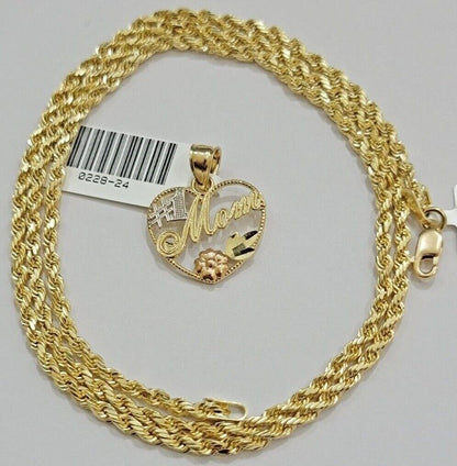 10k Gold Rope Chain Mom Heart Charm Pendant Set 16-28'' Inch 2.5mm Necklace REAL