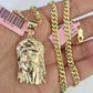 Real 14k Gold Chain Jesus Head Pendant Set 14kt Miami Cuban Link Chain 5mm Charm