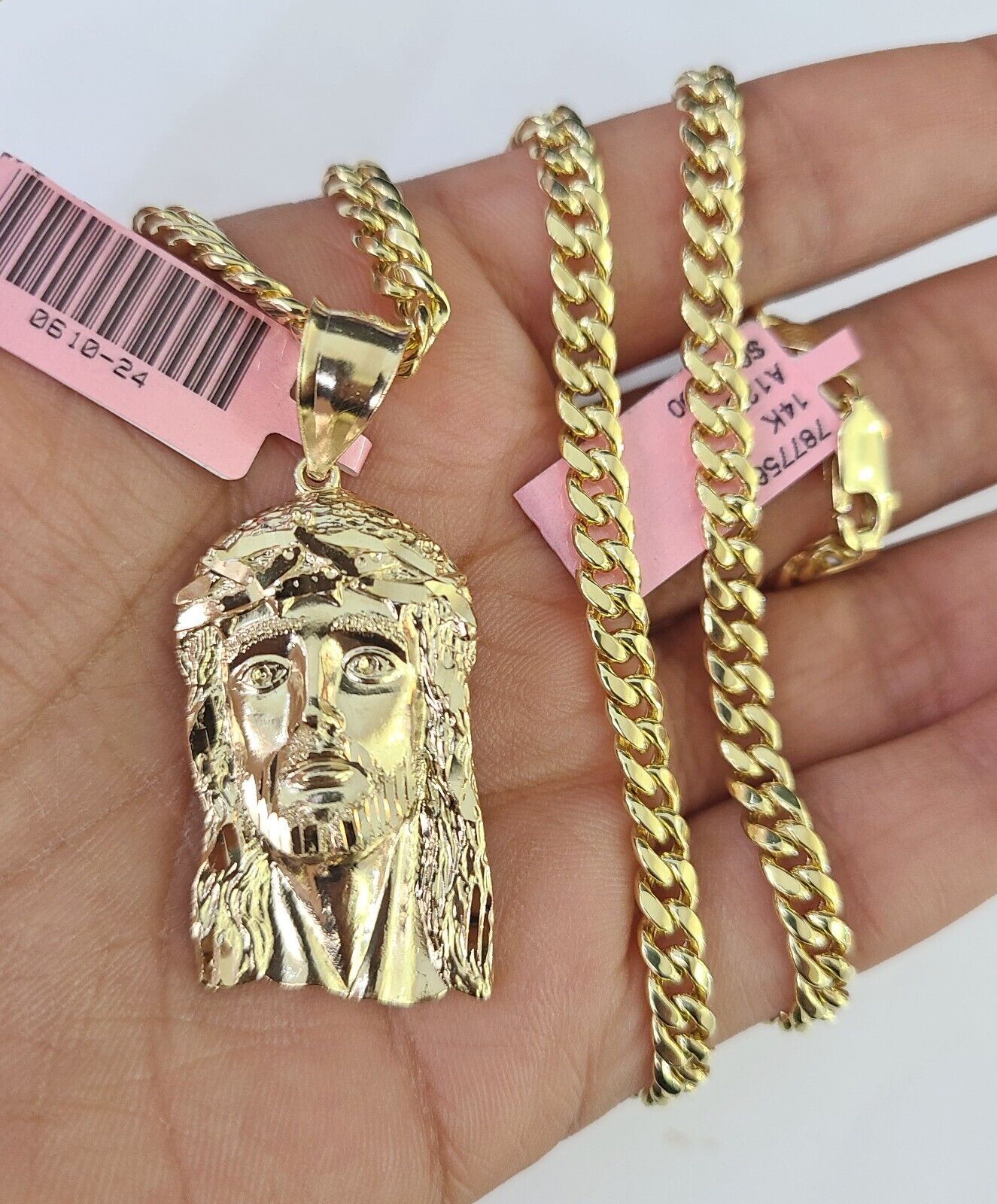 Real 14k Gold Chain Jesus Head Pendant Set 14kt Miami Cuban Link Chain 5mm Charm