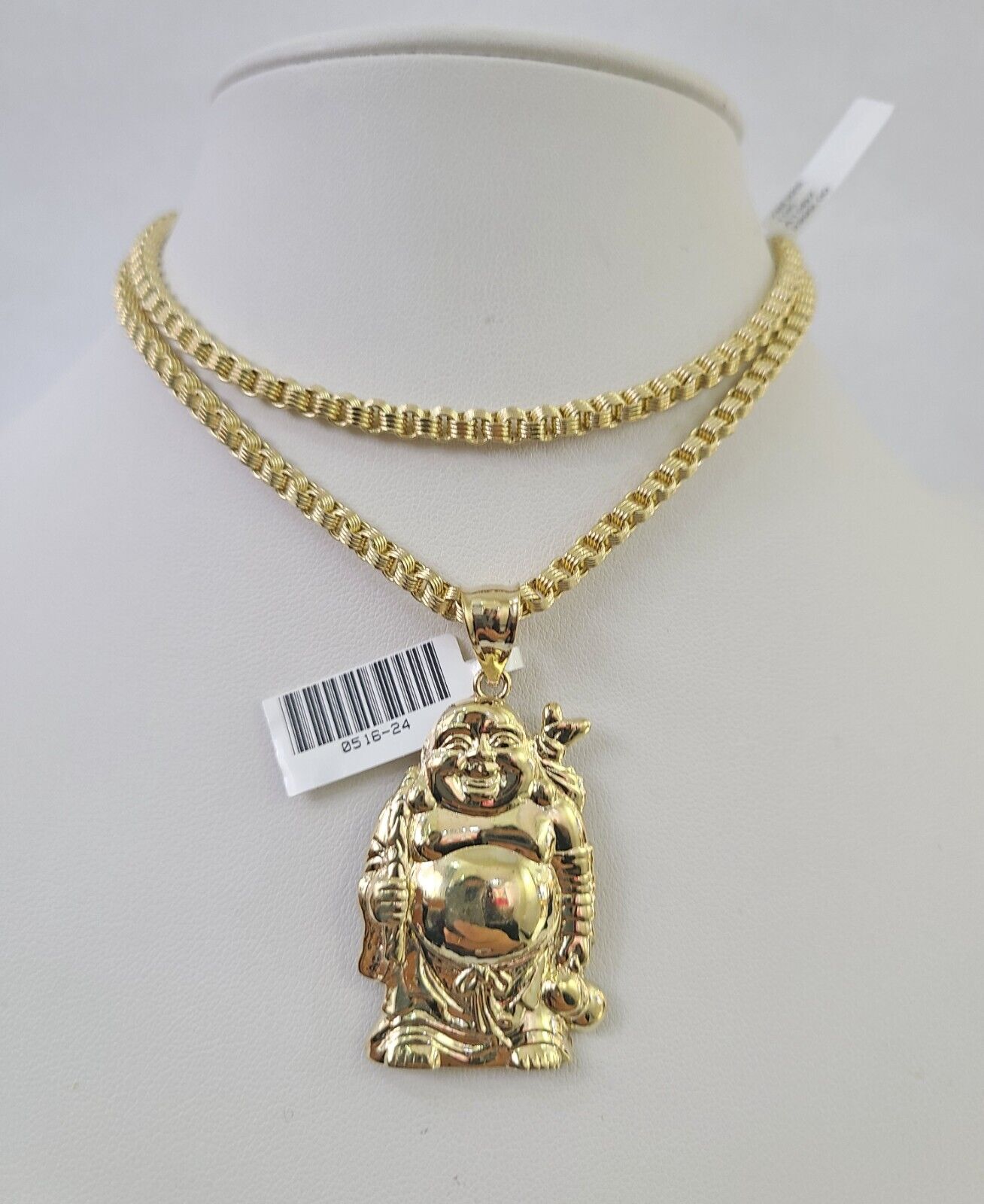 Real 10k Gold Byzantine Necklace Laughing Buddha Charm SET Chain 18"-30" 3mm