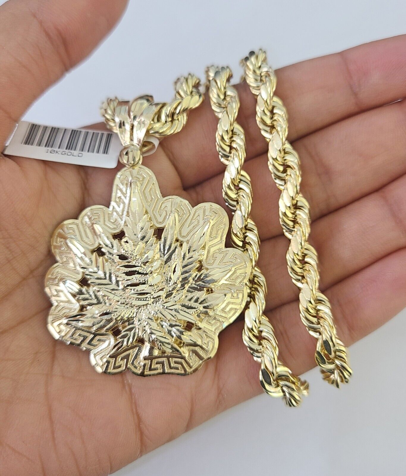 10k Yellow Gold Rope Chain Weed leaf Charm Pendant 18-30'' Inch 7mm  Necklace