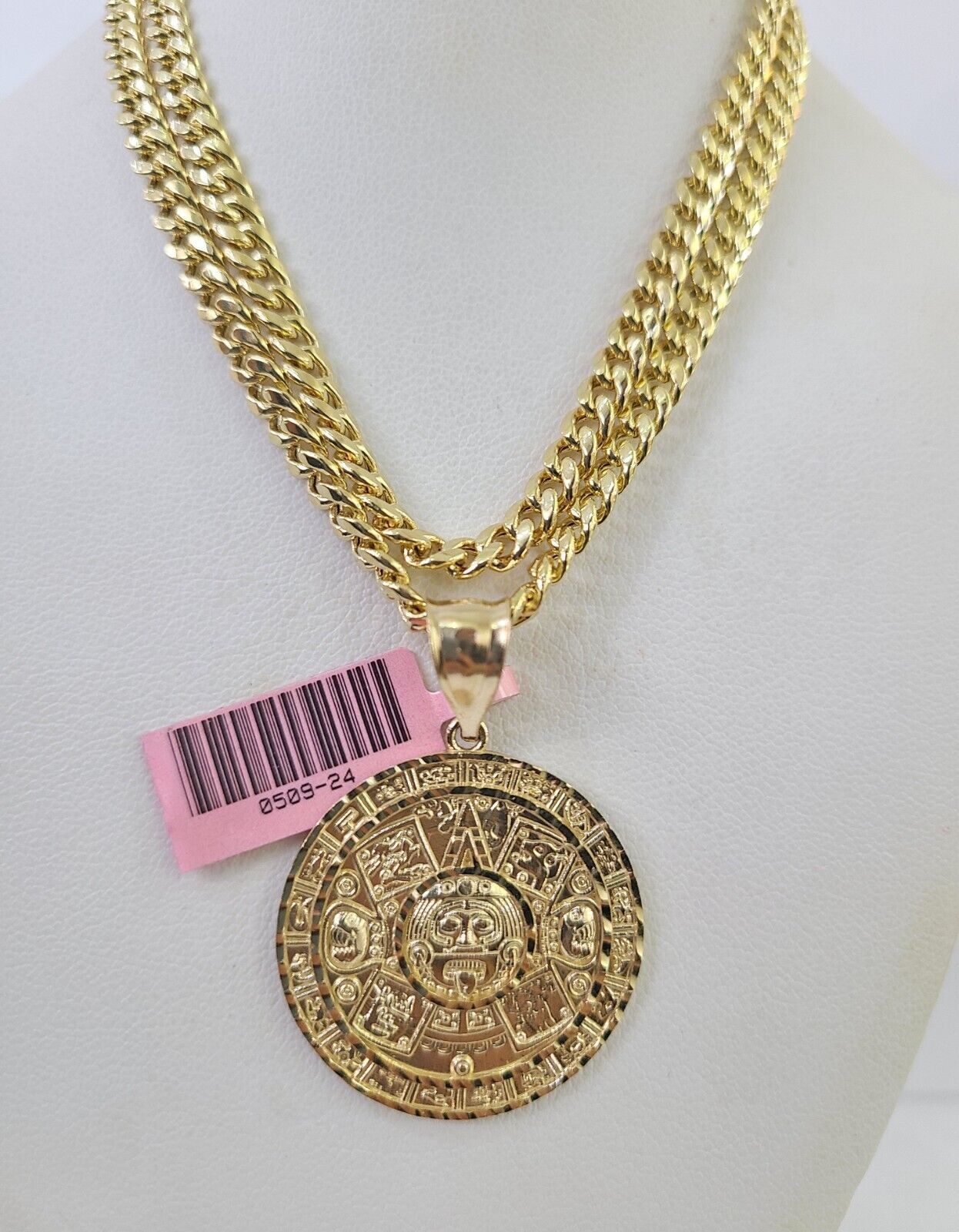 Real 14k Gold Chain Mayan Calendar Set 14kt Miami Cuban Link Chain 5mm Charm